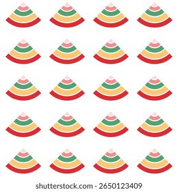 A seamless pattern of tiered cones in a bright and balanced color palette of red, orange, green and pink. Suitable for backgrounds, fabrics, packaging and design projects.