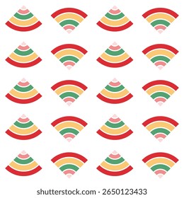 A seamless pattern of tiered cones in a bright and balanced color palette of red, orange, green and pink. Suitable for backgrounds, fabrics, packaging and design projects.