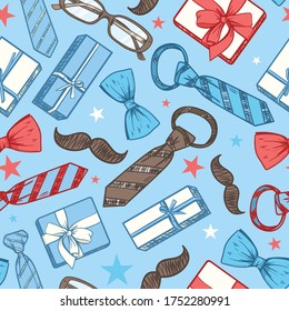 Seamless pattern with ties, bow ties, mustaches and gifts. Festive pattern for Father's Day