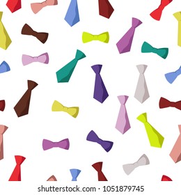 Seamless pattern of ties and bow-ties on a white background. Vector illustrations in flat design. Modern colors.