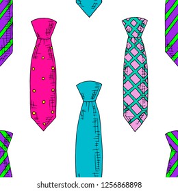 Seamless pattern of ties. Vector cartoon background. Trendy colors. Hand-drawn style.