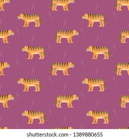 seamless pattern tiger animal jungle on purple background vector wallpaper textile giftwrap