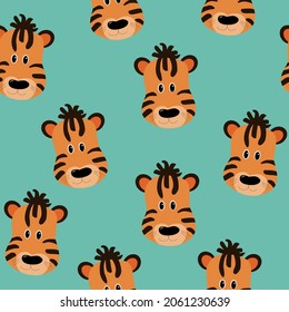 Seamless Pattern With Tiger Cub Face. Vector Illustration For Wallpaper, Warapping Paper, Backgrounds.