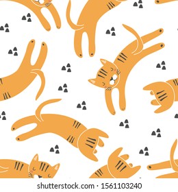 Seamless pattern with tiger cub. Vector illustration for printing on fabric, clothes, dishes, picture, wrapping paper, Wallpaper. Cute baby background.