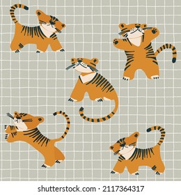 Seamless pattern with tiger cubs playing among the flowers. Childs drawing style. Wallpaper, backgound for kids. Perfect for baby, toddler clothing, bed linen