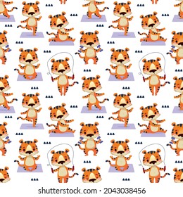 Seamless pattern with a tiger in different poses, which goes in for sports on a yoga mat. Vector art animal in cartoon style. Children s print for textiles, postcards, children s sports school.