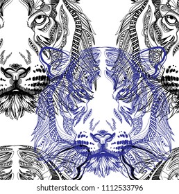 Seamless pattern with tiger. Doodling, mandala. Drawing manually. Stylish background. A dangerous predator, a noble animal.