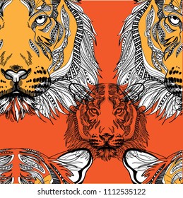 Seamless pattern with tiger. Doodling, mandala. Drawing manually. Stylish background. A dangerous predator, a noble animal.