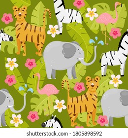 Patrón sin foco con tigre, elefante, flamingo, cebra, flores, hojas tropicales. Ilustración vectorial con animales de la selva para impresión, textil, diseño