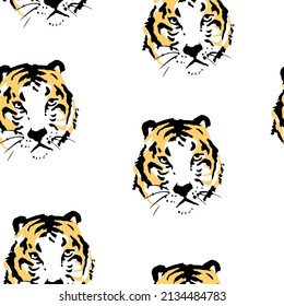 Seamless pattern with Tiger face. Predator. Hunter. Hand drawn of Ink sketch. Vector illustration.
