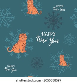 Seamless pattern with tiger faces, snowflakes. print New Year s Eve 2022 for the background of calendars with the Chinese symbol of the year