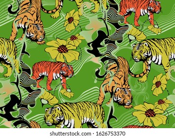 Seamless pattern of tiger and flowers. Suitable for fabric, wrapping paper and the like. Vector illustration