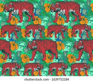 Seamless pattern of tiger and flowers. Suitable for fabric, wrapping paper  . Vector illustration
