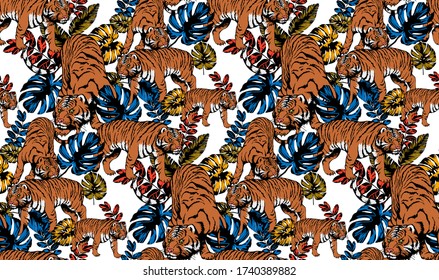 Seamless pattern of tiger and flowers. Suitable for fabric, mural, wrapping paper and the like. Vector illustration