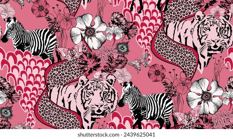 Seamless pattern of tiger and flowers. Suitable for fabric, mural, wrapping paper and the like. Vector illustration