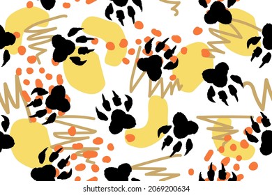 Seamless pattern with Tiger footprint and abstract shapes, lines. Sketch hand drawn with ink and brush. Black and white vector illustration