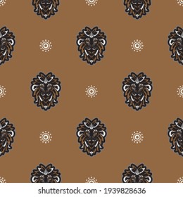 Seamless pattern with tiger head in simple boho style. Good for clothing and textiles. Vector 