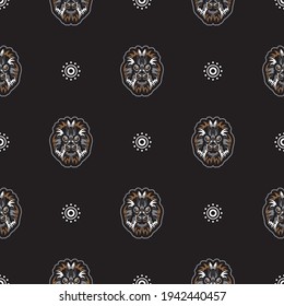 Seamless pattern with tiger head in simple boho style. Good for backgrounds, prints, apparel and textiles. Vector illustration.