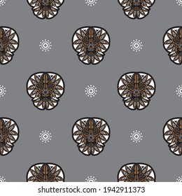 Seamless pattern with tiger head in simple boho style. Good covers, fabrics and printing. Vector illustration.
