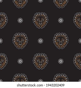 Seamless pattern with tiger head in simple boho style. Good wall wallpaper, fabric, postcards and printing. Vector 