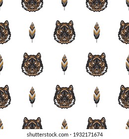 Seamless pattern with tiger head. Vector