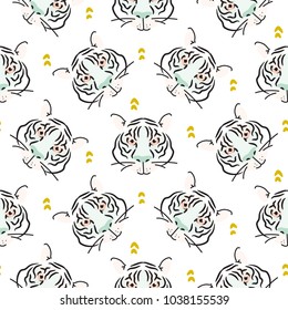 Seamless pattern with tiger heads scandinavian background. Vector repeat background for fabric print and apparel design.