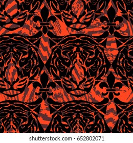 Seamless pattern of tiger heads, with tiger skin texture