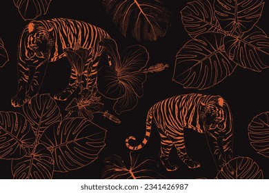 Seamless pattern tiger with hibiscus flowers and monstera leaf background.Vector illustration hand drawing line art. Fabric pattern print design.