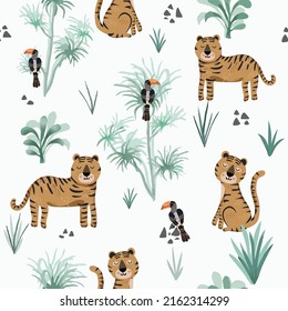 Tigre y ave de caballo sin foco en el bosque tropical