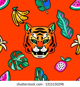 Seamless pattern. Tiger in the jungle among exotic plants and fruits.