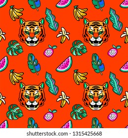 Seamless pattern. Tiger in the jungle among exotic plants and fruits. Summer illustration.