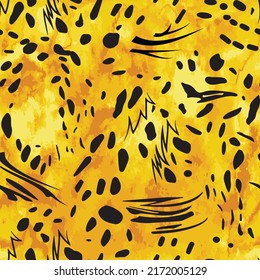 Seamless pattern Tiger, Leopard, safari in Africa. Pattern of animal skins Black on a orange watercolor Background. Mix animal in vector print design for fashion, fabric and paper