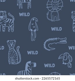 Seamless pattern with tiger, leopard, toucan and alligator. Isolated pattern for textile, fabric, stationery, Web and other designs.
