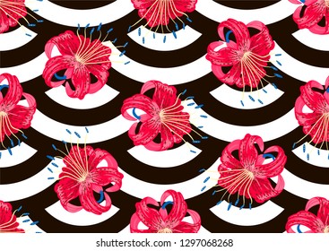 seamless pattern Tiger lily and black and white lines