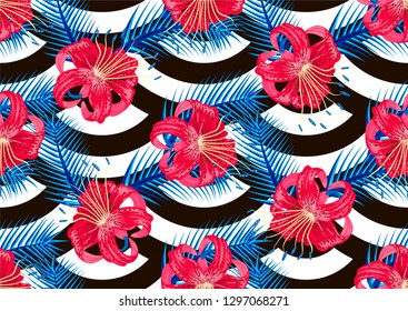 seamless pattern Tiger lily and black and white lines