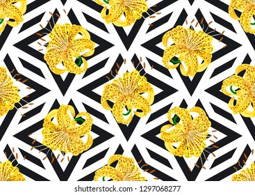 seamless pattern Tiger lily and black and white lines