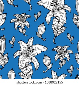 Seamless pattern of Tiger Lily flower in black and white outlined and blue background.