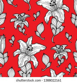 Seamless pattern of Tiger Lily flower in black and white outlined and red background.