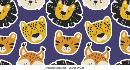 Padrão contínuo com tigre, leão, leopardo e lince. Design colorido de felinos animais para tecidos infantis, roupas, capas de notebook e papel de embrulho.