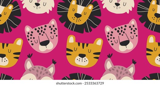 Padrão contínuo com tigre, leão, leopardo e lince. Animais felinos desenhados à mão design para têxteis de crianças, roupas, capas de caderno e papel de embrulho.