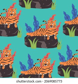 Seamless pattern of a tiger lying on a rock. Wild Cat predator orange and black vector modern flat style background