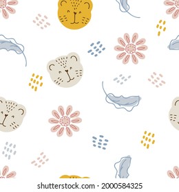 Seamless pattern of tiger muzzles, flowers and leaves in pastel color. Design for T-shirt, textile and prints. Hand drawn vector illustration for decor and design.
