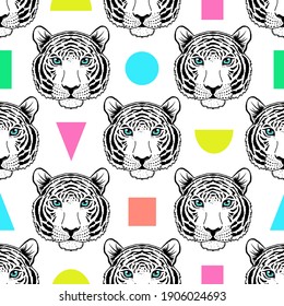 Seamless pattern with tiger muzzles and geometric shapes on white background.