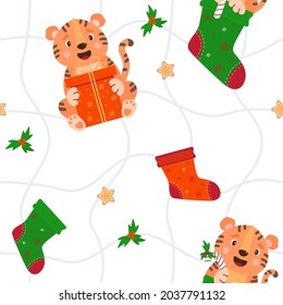 Seamless pattern with tiger and New Years decor. Cute animal with a big gift on a white background with a mesh pattern, with Christmas socks, mistletoe and gingery gingerbread. Vector illustration 