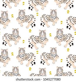 Seamless pattern with tiger on green background.