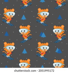 Seamless pattern with a tiger on skis and a Christmas tree