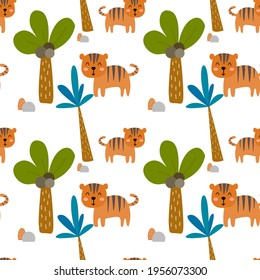 Seamless pattern with tiger and palm for scrapbooking, fabric, decoration