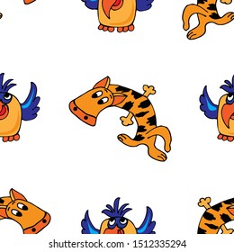 Seamless pattern with tiger and a parrot. Cartoon, flat style hand drawn. Wild african savannah. Design for wrapping paper, fabric, wallpaper. Vector illustration