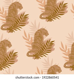 Seamless pattern with tiger and plants. Editable vector illustration.