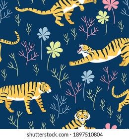 Seamless pattern with tiger poses. Striped tiger on a background of plants with grass and leaves. Wild animal in nature. Flat vector illustration.